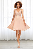 Deborah A-line V-Neck Knee-Length Chiffon Lace Homecoming Dress STIP0020527