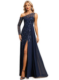 EmeryPiper A-line Asymmetrical Illusion Floor-Length Chiffon Lace Evening Dress With Sequins STIP0020814