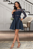 Savannah A-line Scoop Short/Mini Lace Satin Homecoming Dress STIP0020494