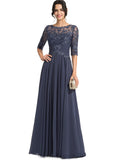 Brooklynn A-line Scoop Illusion Floor-Length Chiffon Lace Evening Dress With Pleated Sequins STIP0020942