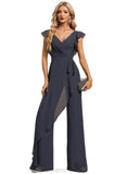 Jaycee Jumpsuit/Pantsuit V-Neck Floor-Length Chiffon Evening Dress With Bow Pleated STIP0020826