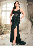 Gillian Trumpet/Mermaid V-Neck Sweep Train Sequin Prom Dresses With Sequins STIP0025839