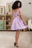 Jaliyah A-line Off the Shoulder Short/Mini Satin Homecoming Dress With Bow STIP0020568