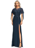 Jaylin Sheath/Column Scoop Illusion Floor-Length Chiffon Lace Evening Dress With Pleated Sequins STIP0020975