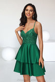 Josephine A-line V-Neck Short/Mini Lace Satin Homecoming Dress With Sequins STIP0020499