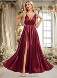 Jess A-line V-Neck Floor-Length Stretch Satin Bridesmaid Dress STIP0025771