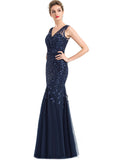 Bella Trumpet/Mermaid V-Neck Floor-Length Lace Tulle Evening Dress With Sequins STIP0020986