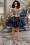 Sadie A-line Off the Shoulder Short/Mini Satin Homecoming Dress STIP0020562