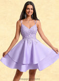 April A-line V-Neck Short Satin Homecoming Dress With Appliques Lace STIP0025692