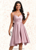 Micaela A-line V-Neck Asymmetrical Satin Homecoming Dress With Bow Pleated STIP0025699