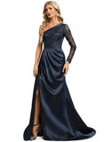 Eleanor Trumpet/Mermaid One Shoulder Sweep Train Lace Satin Evening Dress With Pleated STIP0020914