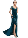 Harper Sheath/Column V-Neck Sweep Train Velvet Evening Dress With Beading Cascading Ruffles STIP0020875