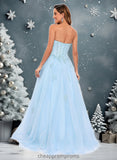 Jaiden Ball-Gown/Princess Straight Sweep Train Tulle Prom Dresses With Sequins Appliques Lace STIP0025864