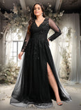 Kathleen A-line V-Neck Floor-Length Tulle Prom Dresses With Sequins Appliques Lace Beading STIP0025834