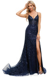 Natalie Trumpet/Mermaid V-Neck Sweep Train Lace Prom Dresses With Sequins STIP0020940