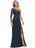 Frederica Sheath/Column One Shoulder Floor-Length Chiffon Lace Evening Dress With Sequins STIP0020775