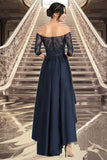 Princess A-line Off the Shoulder Asymmetrical Lace Satin Homecoming Dress With Sequins STIP0020580