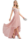 Deja A-line Off the Shoulder Asymmetrical Chiffon Lace Evening Dress With Pleated STIP0020873