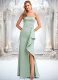 Brenda A-line Square Floor-Length Satin Bridesmaid Dress With Ruffle STIP0025736