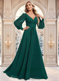 Layla A-line V-Neck Floor-Length Chiffon Bridesmaid Dress STIP0025816