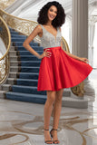 India A-line V-Neck Short/Mini Satin Homecoming Dress With Beading Sequins STIP0020569