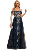 Aubrey Sheath/Column Off the Shoulder Floor-Length Lace Tulle Evening Dress STIP0020945