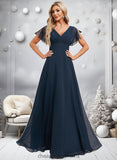 Kenley A-line V-Neck Floor-Length Chiffon Bridesmaid Dress STIP0025806