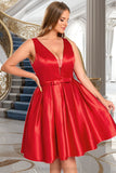 Kiersten A-line V-Neck Short/Mini Satin Homecoming Dress With Bow STIP0020583