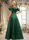 Isabell A-line V-Neck Floor-Length Satin Bridesmaid Dress With Ruffle STIP0025777