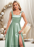 Lilly A-line Square Floor-Length Stretch Satin Bridesmaid Dress With Bow STIP0025788