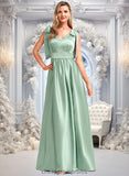 Hallie A-line V-Neck Floor-Length Stretch Satin Bridesmaid Dress With Bow STIP0025737