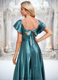 Roselyn A-line V-Neck Floor-Length Stretch Satin Bridesmaid Dress With Ruffle STIP0025780