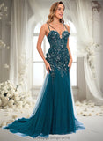 Sherlyn Trumpet/Mermaid V-Neck Sweep Train Tulle Prom Dresses With Sequins Appliques Lace STIP0025853