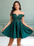 Seraphina A-line Off the Shoulder Short Lace Satin Homecoming Dress With Rhinestone STIP0025718