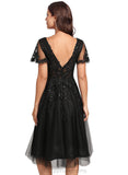 Ariana A-line V-Neck Knee-Length Lace Tulle Cocktail Dress With Sequins STIP0020878