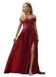 Bella A-line Off the Shoulder Sweep Train Chiffon Lace Evening Dress With Sequins STIP0020830