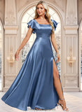 Rubi A-line Square Floor-Length Stretch Satin Bridesmaid Dress With Ruffle STIP0025769