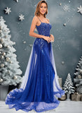 Denisse Trumpet/Mermaid Straight Sweep Train Tulle Sequin Prom Dresses With Sequins Appliques Lace STIP0025857