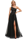 Barbara A-line One Shoulder Floor-Length Lace Tulle Prom Dresses With Sequins STIP0020842