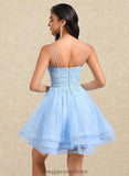 Alisson A-line V-Neck Short Lace Tulle Homecoming Dress With Rhinestone Sequins STIP0025658