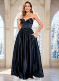 Bethany Ball-Gown/Princess V-Neck Floor-Length Satin Prom Dresses STIP0025840