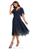 Susan A-line V-Neck Tea-Length Chiffon Lace Cocktail Dress With Sequins STIP0020887