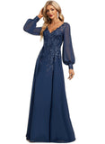 Yaretzi Trumpet/Mermaid V-Neck Floor-Length Chiffon Lace Evening Dress With Sequins STIP0020789