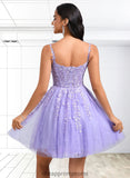 Miah A-line V-Neck Short Tulle Lace Homecoming Dress STIP0025640