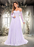 Marely A-line Sweetheart Sweep Train Tulle Prom Dresses With Sequins Appliques Lace STIP0025856