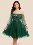 Abigail A-line Off the Shoulder Short Tulle Homecoming Dress With Sequins Appliques Lace STIP0025663