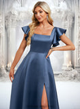 Kayla A-line Square Floor-Length Satin Bridesmaid Dress With Ruffle STIP0025774