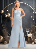 Alisha A-line V-Neck Floor-Length Satin Bridesmaid Dress STIP0025724