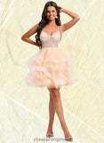 Annalise Ball-Gown/Princess V-Neck Short Tulle Homecoming Dress With Beading Sequins STIP0025646