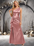 Shyann A-line One Shoulder Floor-Length Stretch Satin Bridesmaid Dress With Ruffle STIP0025768